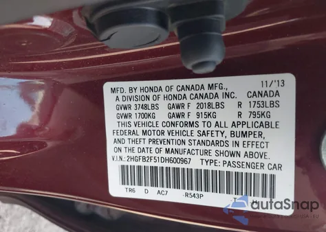 2013 Honda Civic Lx z USA, uszkodzony, nr VIN 2HGFB2F51DH600967